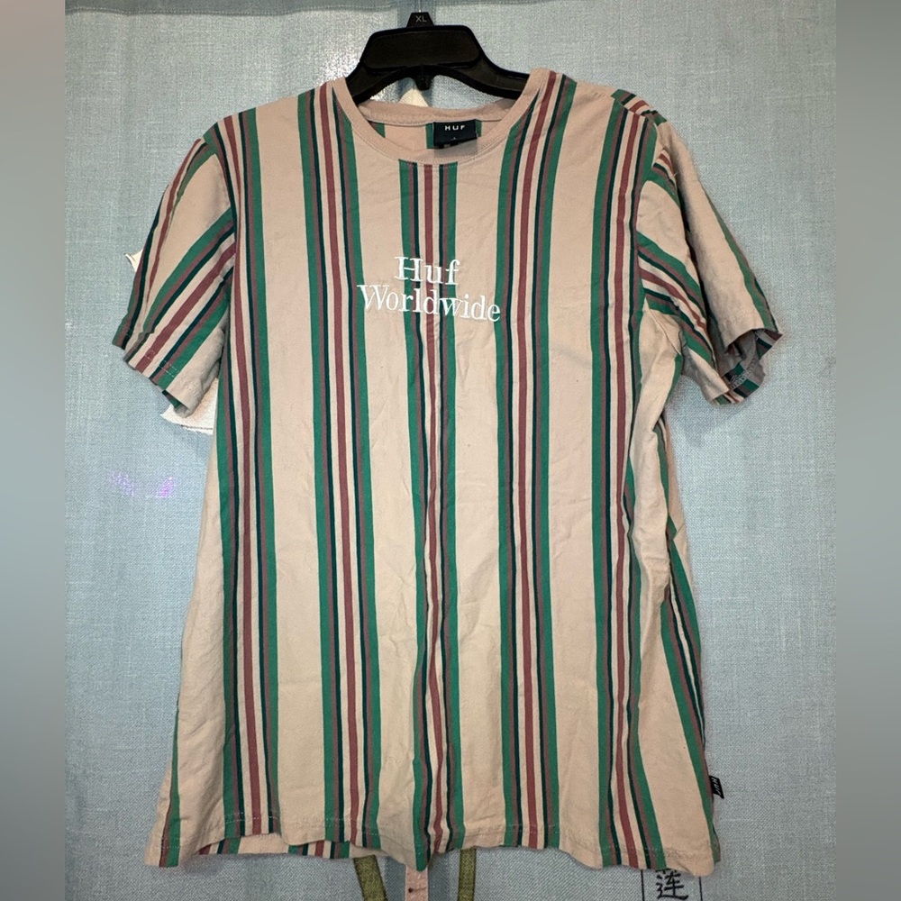 Men’s HUF Beige Tee with Green/Pink Stripes